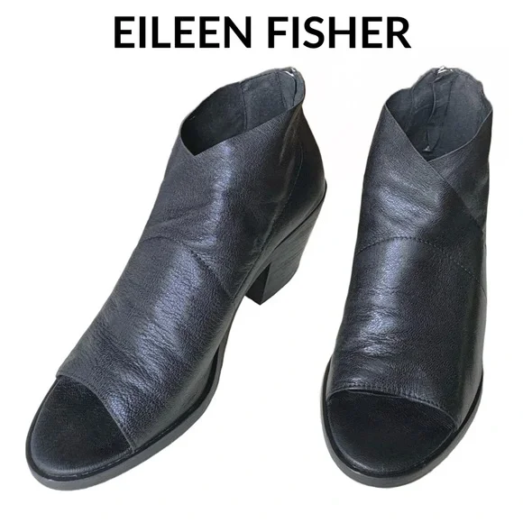 Eileen Fisher • Leather Open Toe Block Heel Bootie • Size 5 US • Black • EUC - Picture 10 of 16